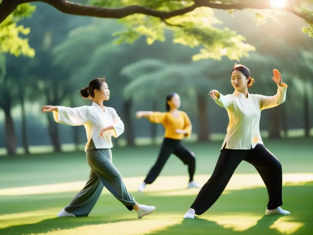 Personas diversas practican Tai Chi al aire libre, bajo la cálida luz matutina entre árboles verdes