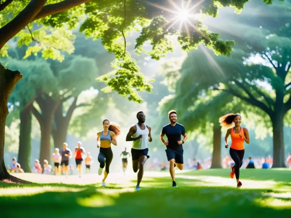 Actividades al aire libre: running, yoga y ciclismo en parque verde Personas diversas realizando ejercicio al aire libre en un parque verde exuberante, demostrando vitalidad y fuerza