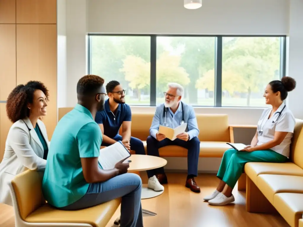 Personas diversas en sala de espera médica, reflejando comunidad y la Importancia de seguros de salud