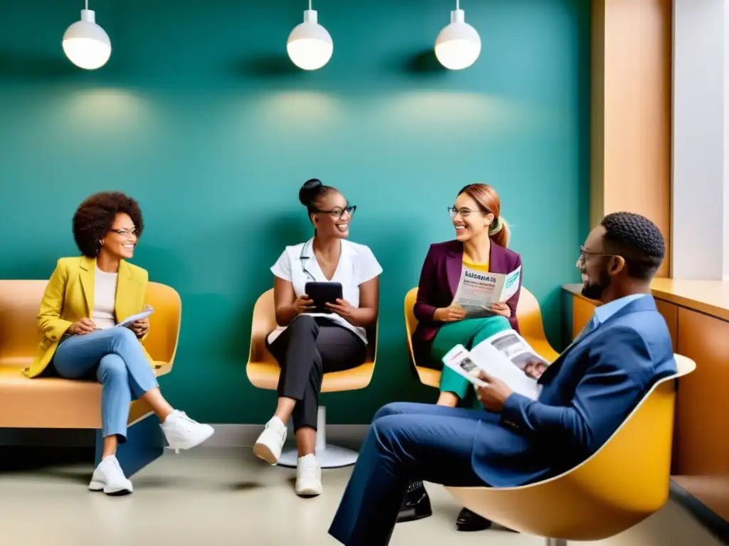 Personas diversas en sala de espera médica moderna, reflejo de la comunidad y las desigualdades en atención médica e inmunidad colectiva