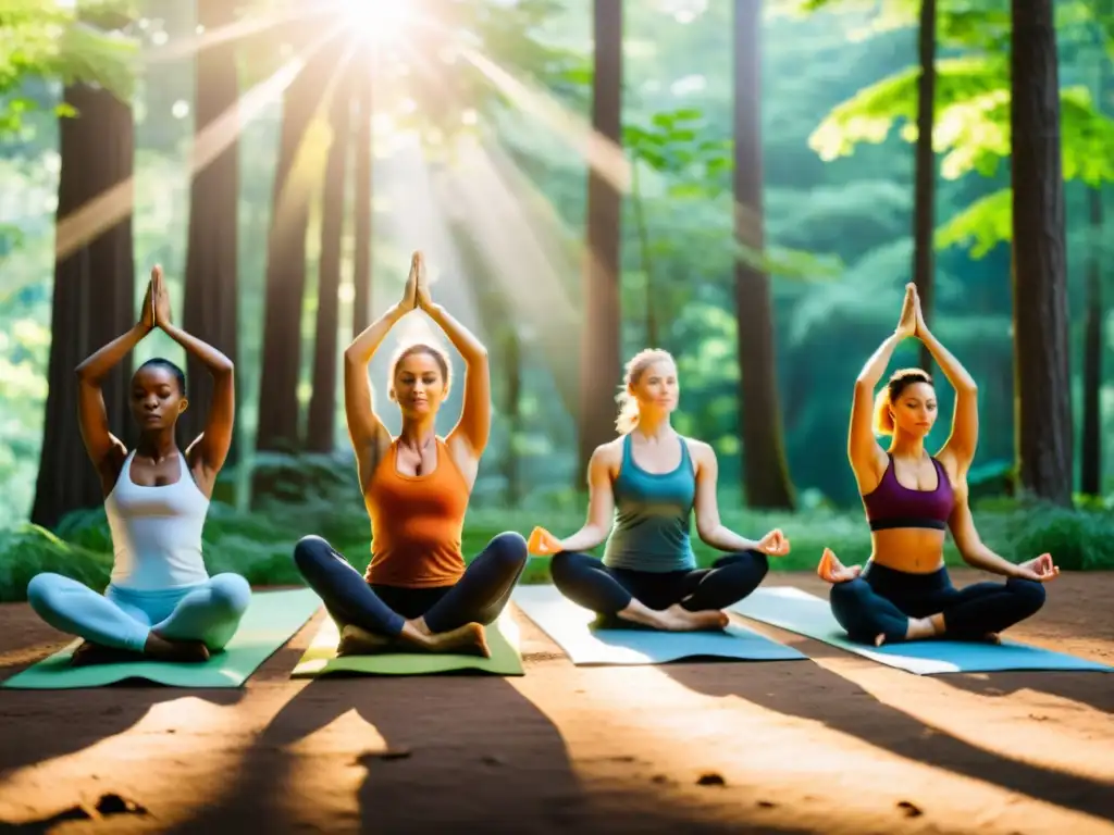 Personas diversas practican yoga al aire libre en un bosque exuberante