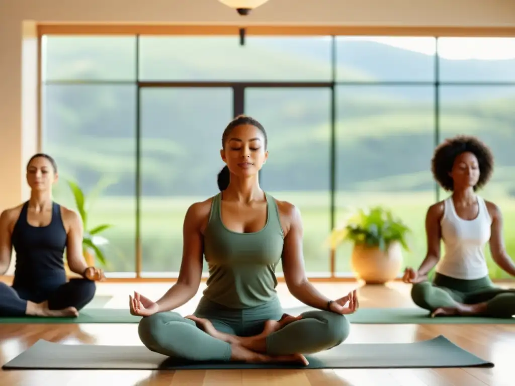 Personas diversas practicando yoga y meditación en un estudio sereno con grandes ventanales y paisaje verde