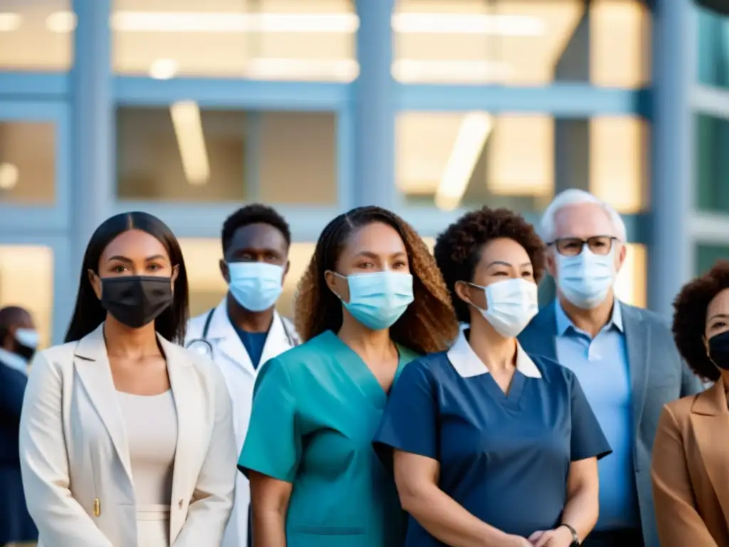 Personas de diversas edades y etnias con mascarillas esperando en fila afuera de un moderno centro médico