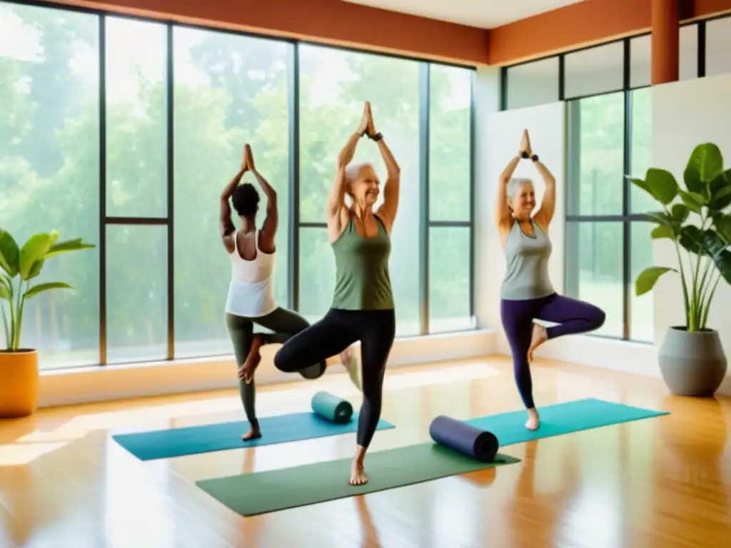 'Personas mayores felices participando en una clase de yoga en un estudio luminoso, con música suave y plantas verdes