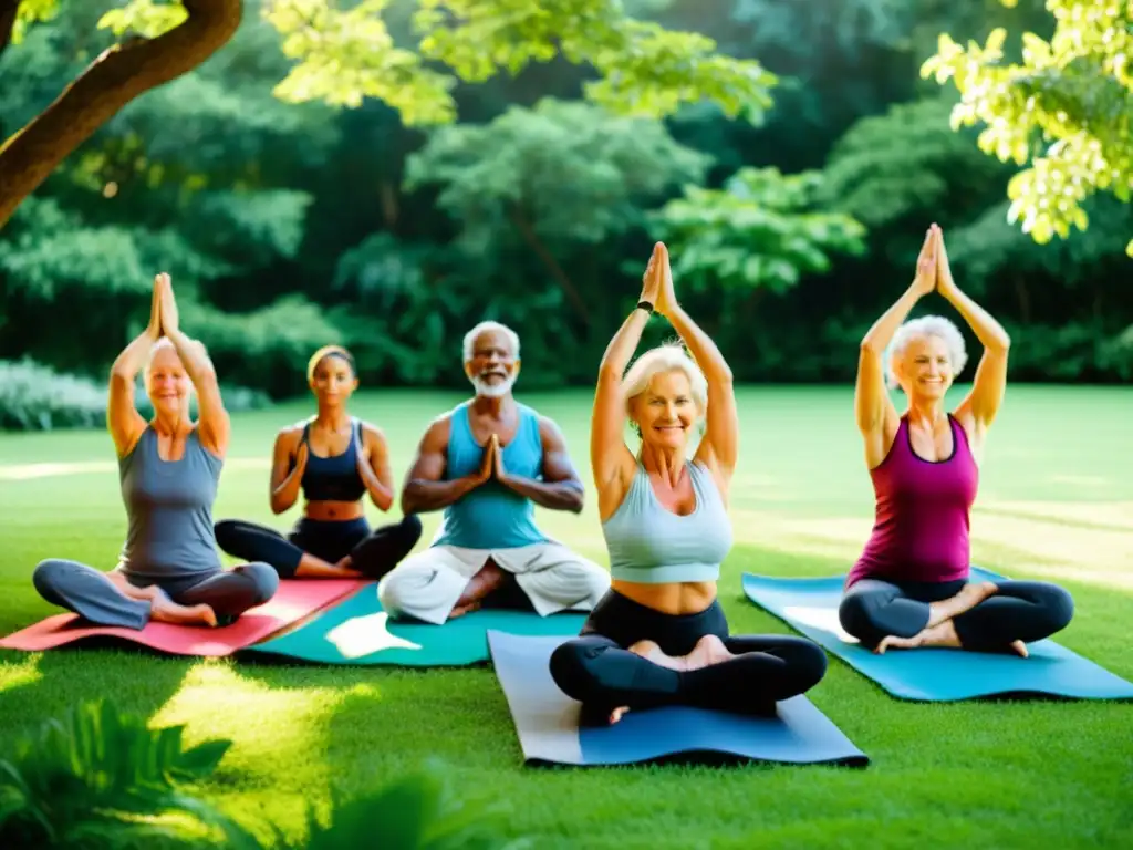 Personas mayores practican yoga al aire libre rodeadas de naturaleza, transmitiendo vitalidad y bienestar