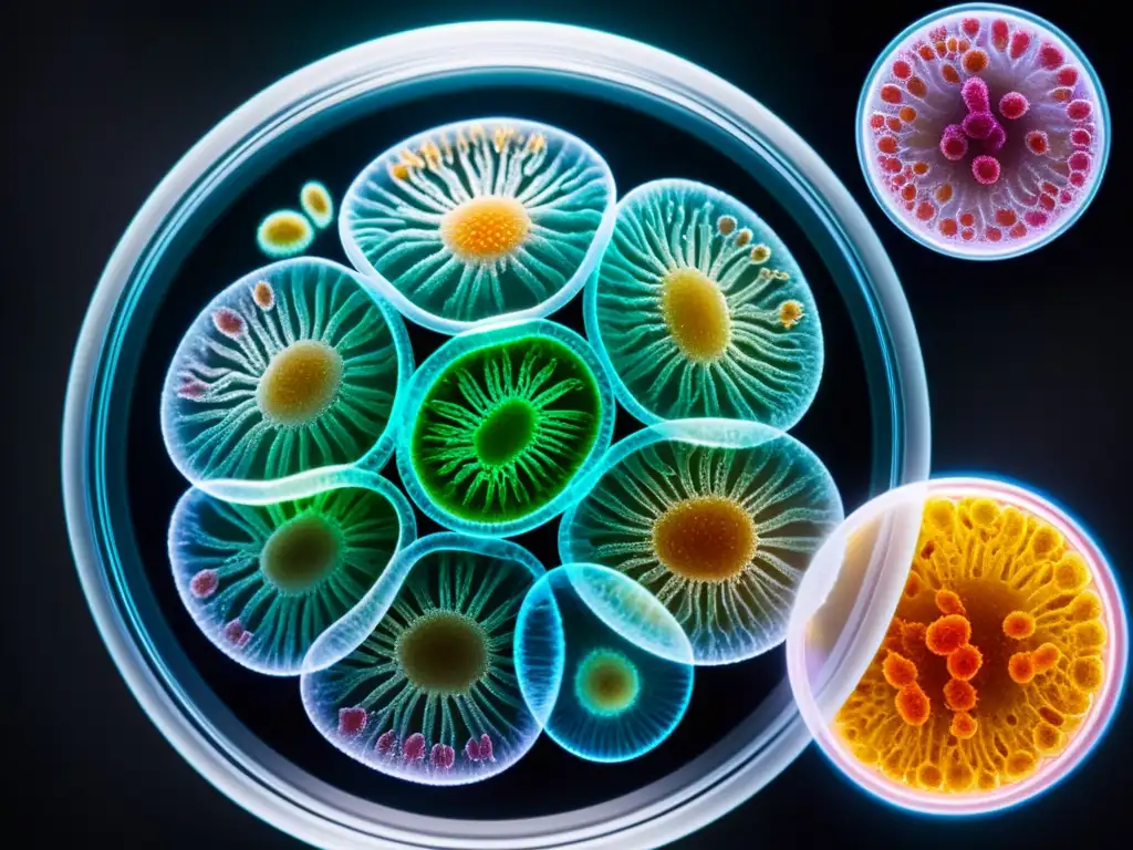 Un petri dish muestra un desafío genético resistencia antibiótica con bacterias coloridas y mutaciones genéticas visibles, iluminadas de forma precisa