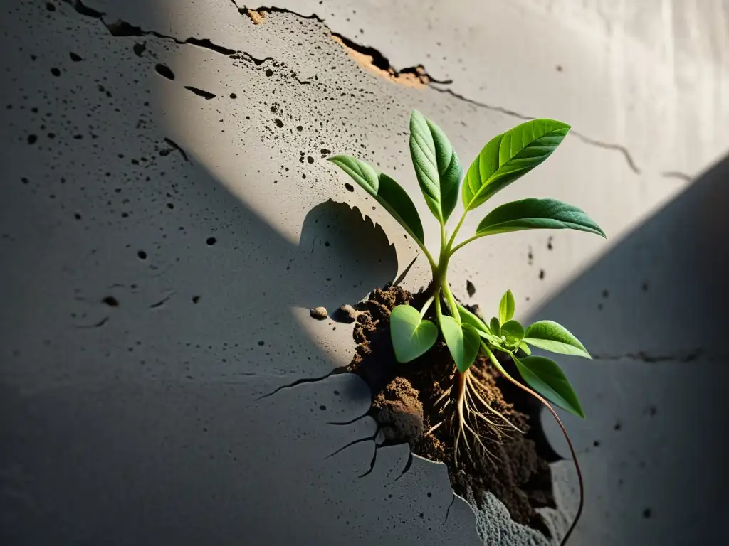 Planta verde en fisura del concreto, raíces alcanzando tierra