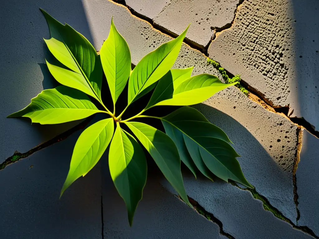 Una planta vibrante rompiendo el concreto, simbolizando resiliencia y fuerza