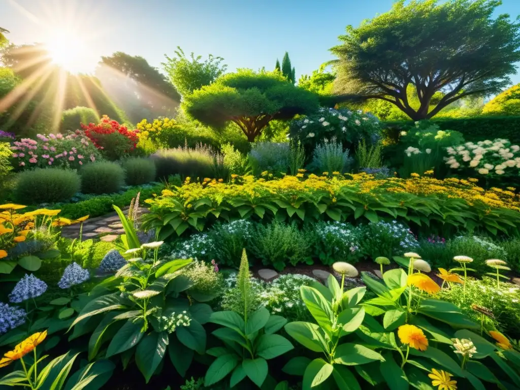 Jardín de plantas medicinales, repleto de flores y vida, irradiando vitalidad y calma