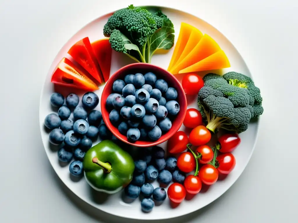 Plato blanco con coloridas frutas y verduras, resaltando la importancia de antioxidantes en sistema inmunológico