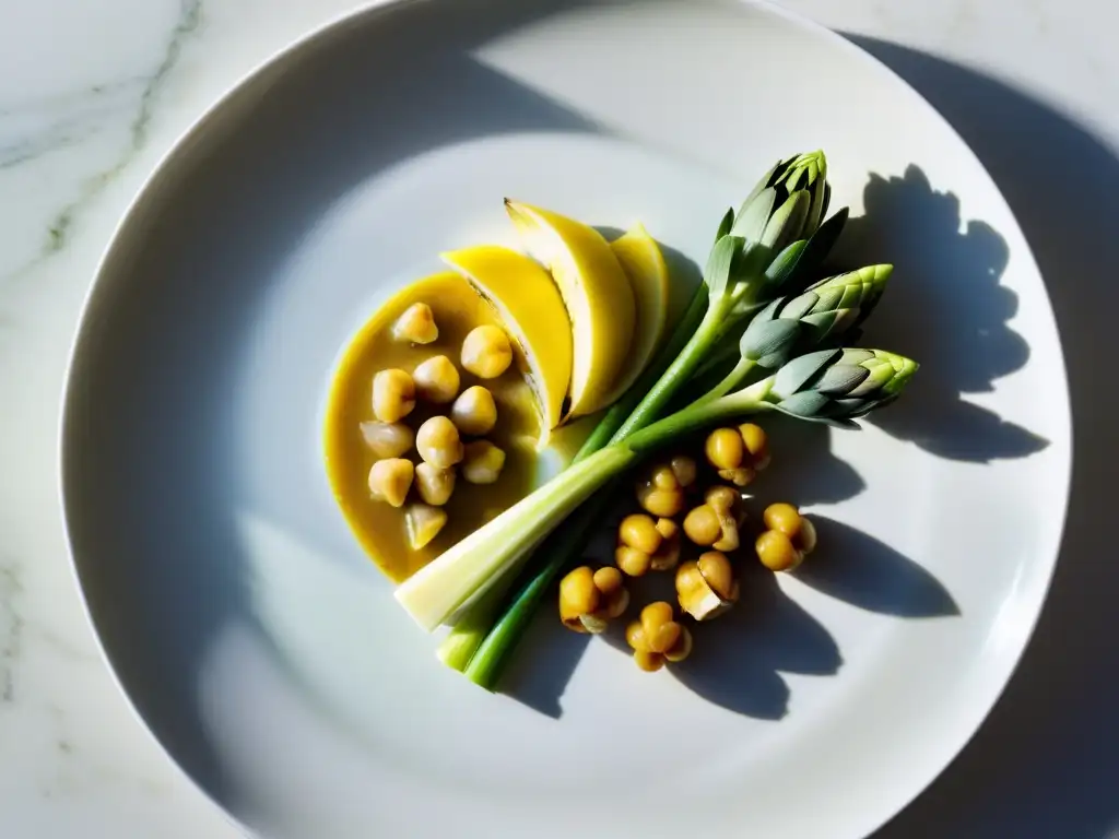 Un plato blanco moderno con una variedad de alimentos coloridos y ricos en prebióticos