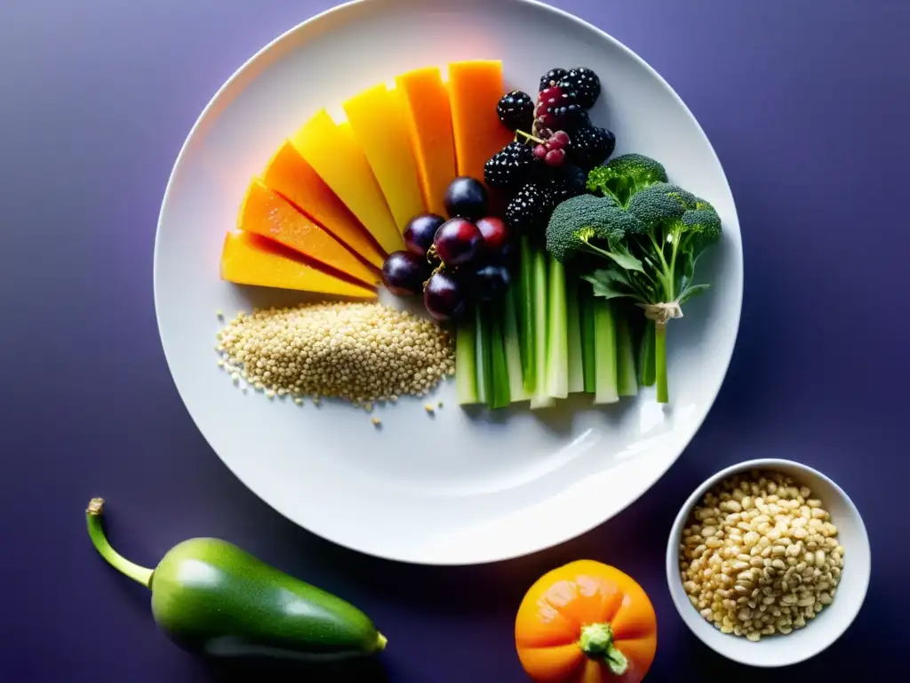 Un plato blanco con una variedad de frutas, verduras y granos coloridos