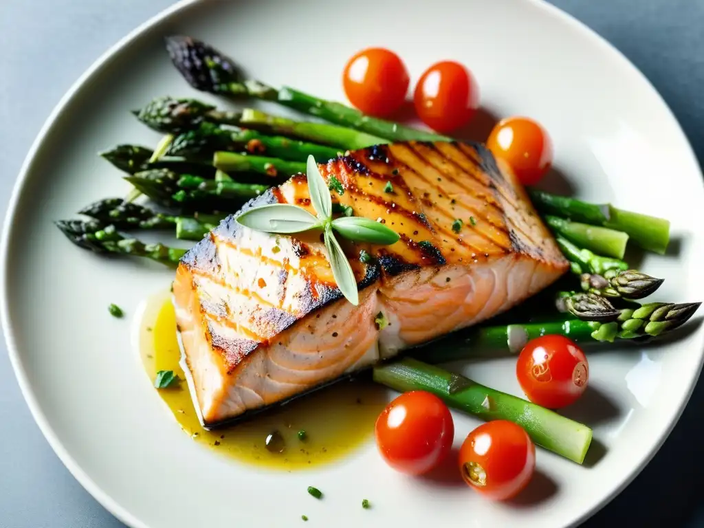 Un plato exquisito con salmón a la parrilla, espárragos y tomates cherry, rico en ácidos grasos omega 3