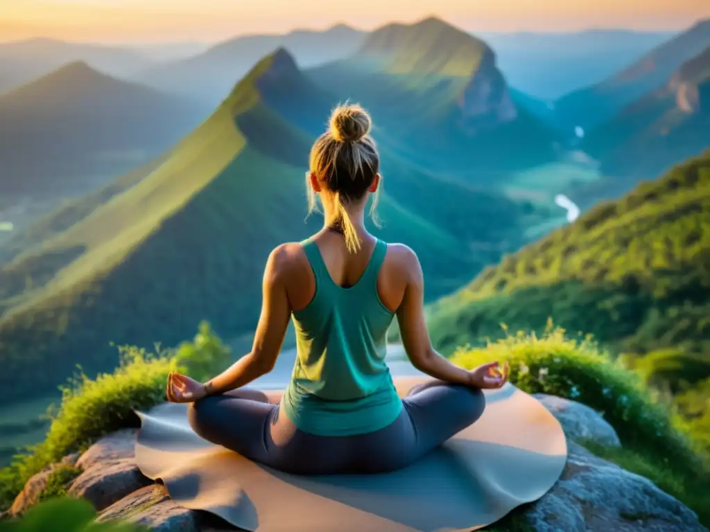 Practicante de yoga en la cima de la montaña al amanecer, emanando paz interior y mindfulness