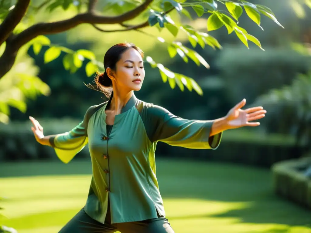 Practicante de Tai Chi en jardín sereno, disfrutando beneficios del Tai Chi para el sistema inmunológico