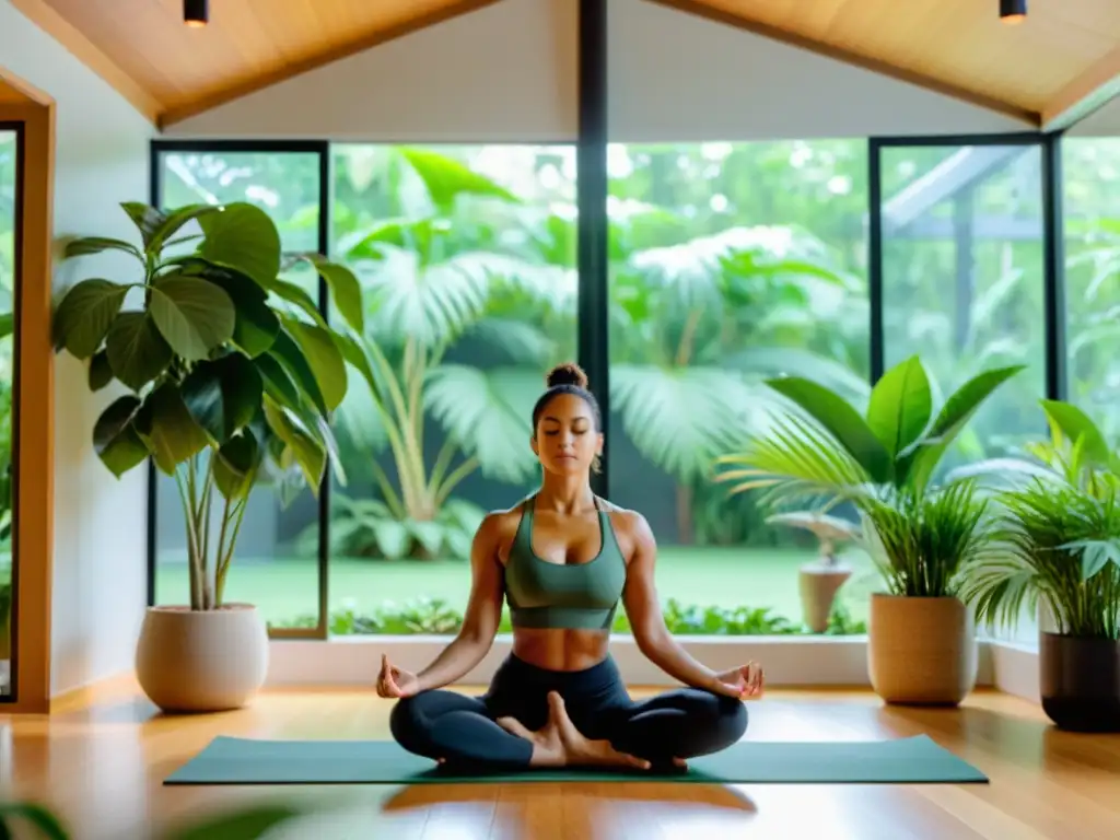 Practicante de Vinyasa Yoga exhibe fuerza y equilibrio en un estudio sereno, realzando los beneficios del sistema inmunológico