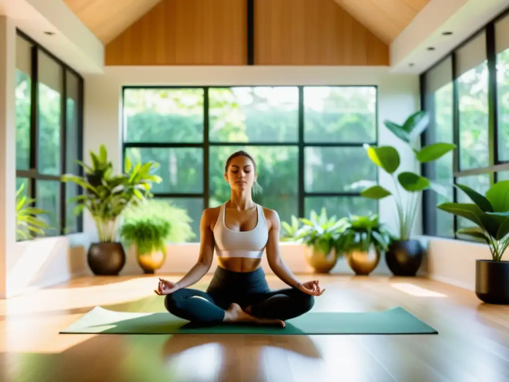 Practicante de yoga en un estudio sereno, realizando pranayama