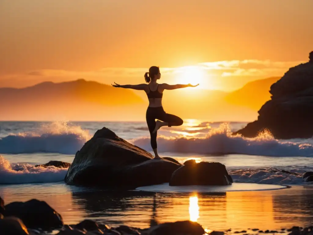 Practicante de yoga en postura de equilibrio frente al mar al atardecer, transmitiendo serenidad y vitalidad