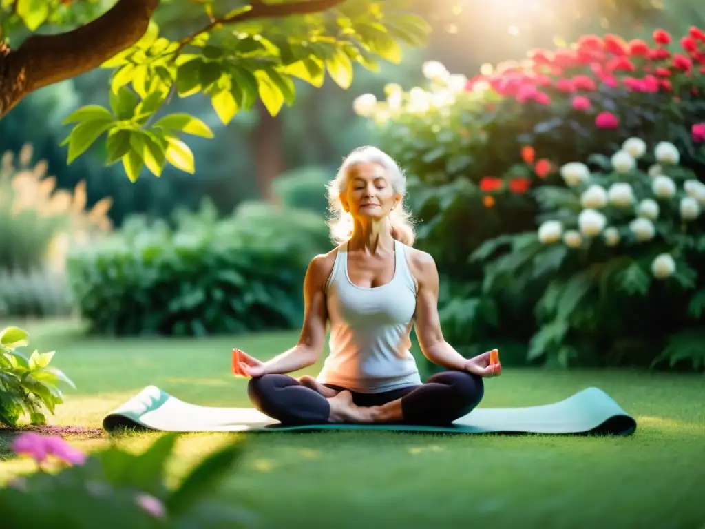 'Prácticas de yoga para fortalecer el sistema inmunológico: Persona mayor en pose de yoga en un jardín exuberante, rodeada de flores y árboles altos