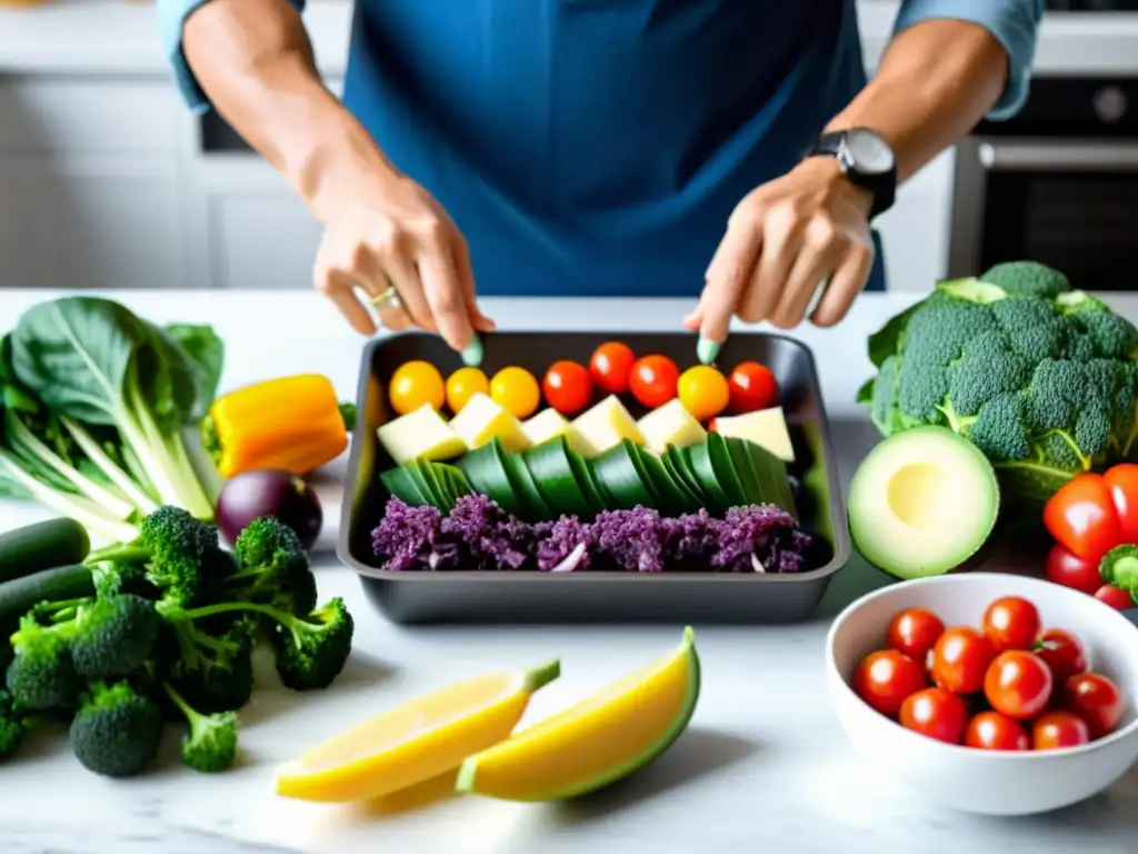 Preparación de una comida keto colorida y nutritiva en una cocina moderna y bien iluminada