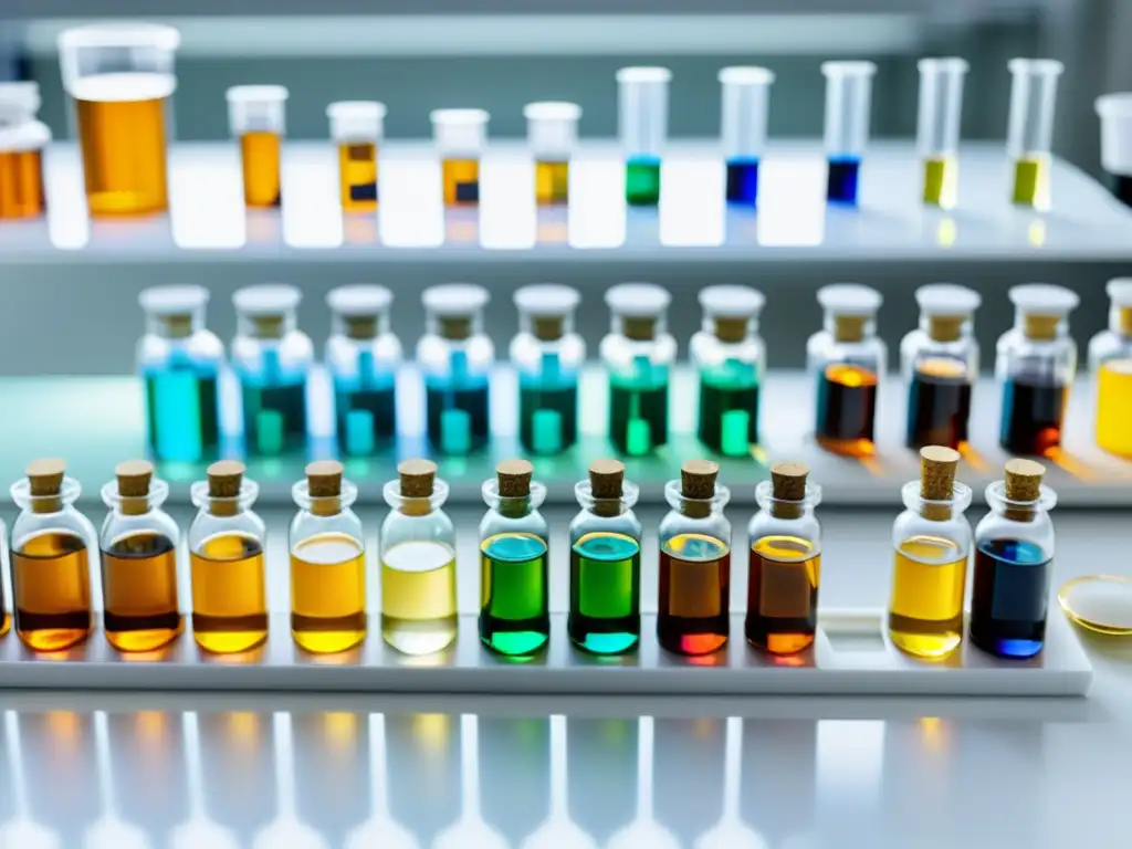 Preparación precisa de fórmula homeopática Preparación detallada de fórmulas homeopáticas complejas para inmunidad, con colores vibrantes y precisión científica en laboratorio