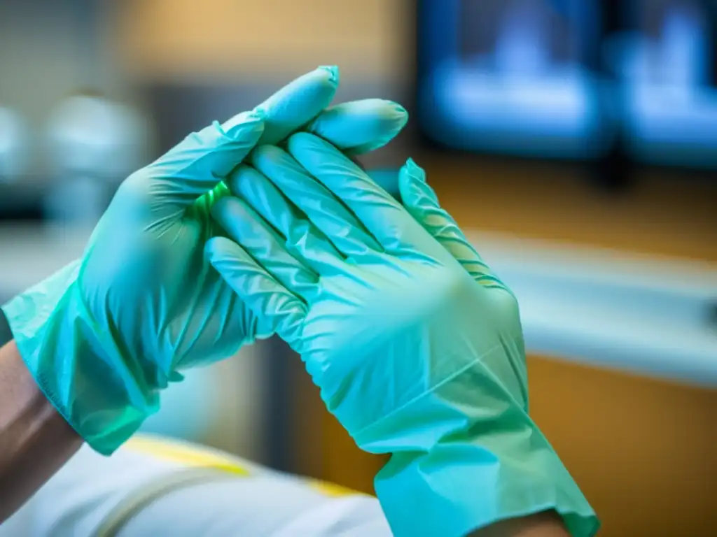 Un profesional médico con equipo de protección personal, colocándose guantes estériles en un hospital moderno