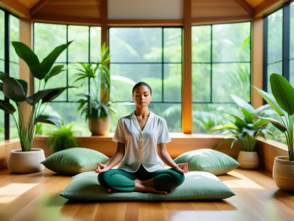 Profesional meditando en sala tranquila, restaurando función inmune mediante meditación