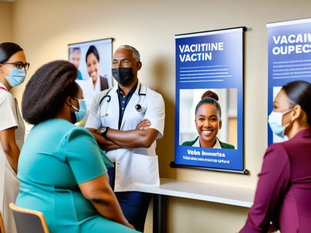 Profesional de la salud vacunando a diversas personas en una clínica moderna, enfocando en el cuidado y apoyo a la salud inmunológica de la comunidad