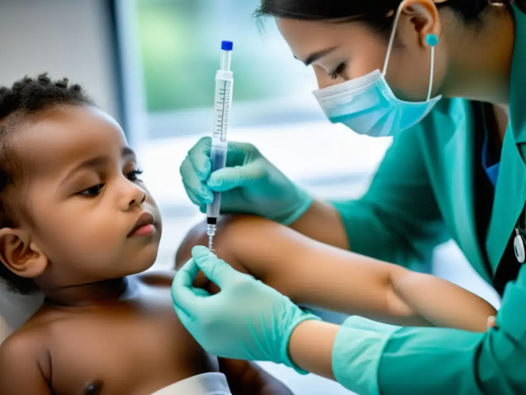 Un profesional de la salud administra vacuna a niño en clínica, transmitiendo calma y confianza