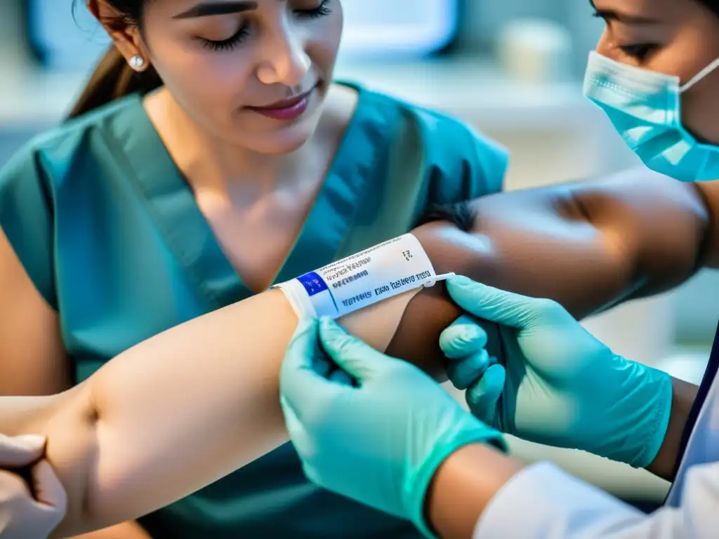 Un profesional de la salud administra una vacuna con determinación y cuidado, mientras el paciente confía calmado