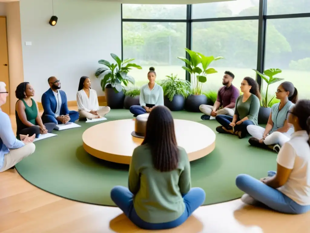 Profesionales y estudiantes participan en talleres para fortalecer sistema inmune con ejercicios de mindfulness en un espacio sereno y acogedor