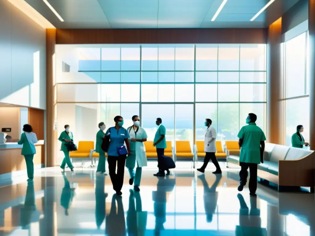 Profesionales médicos y visitantes en un bullicioso vestíbulo de hospital, con luz solar que resalta la moderna arquitectura