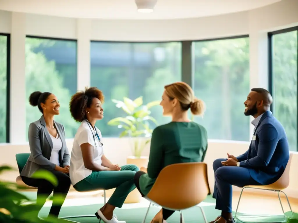 Profesionales de la salud en sesión de coaching para gestionar estrés y bienestar, rodeados de naturaleza y luz natural