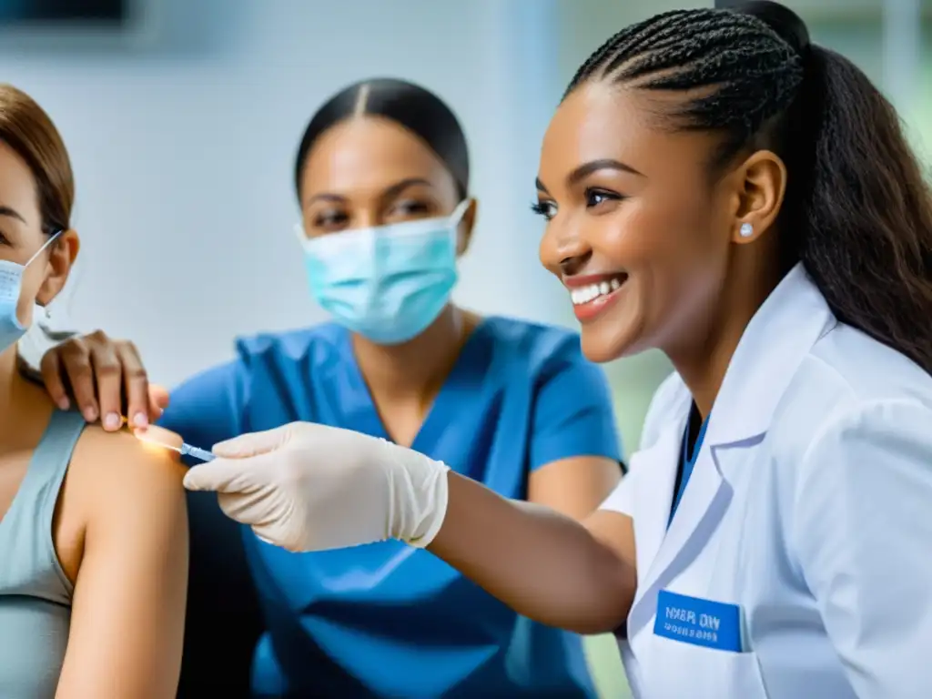 Profesionales de la salud administrando vacunas en un centro médico avanzado