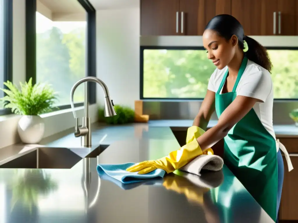 Profesionales realizando técnicas de limpieza para reducir alérgenos y promover la inmunidad en una cocina impecable y moderna