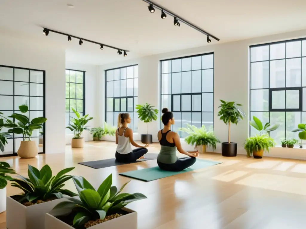 Profesionales practican yoga en una oficina moderna, fomentando el sistema inmunológico