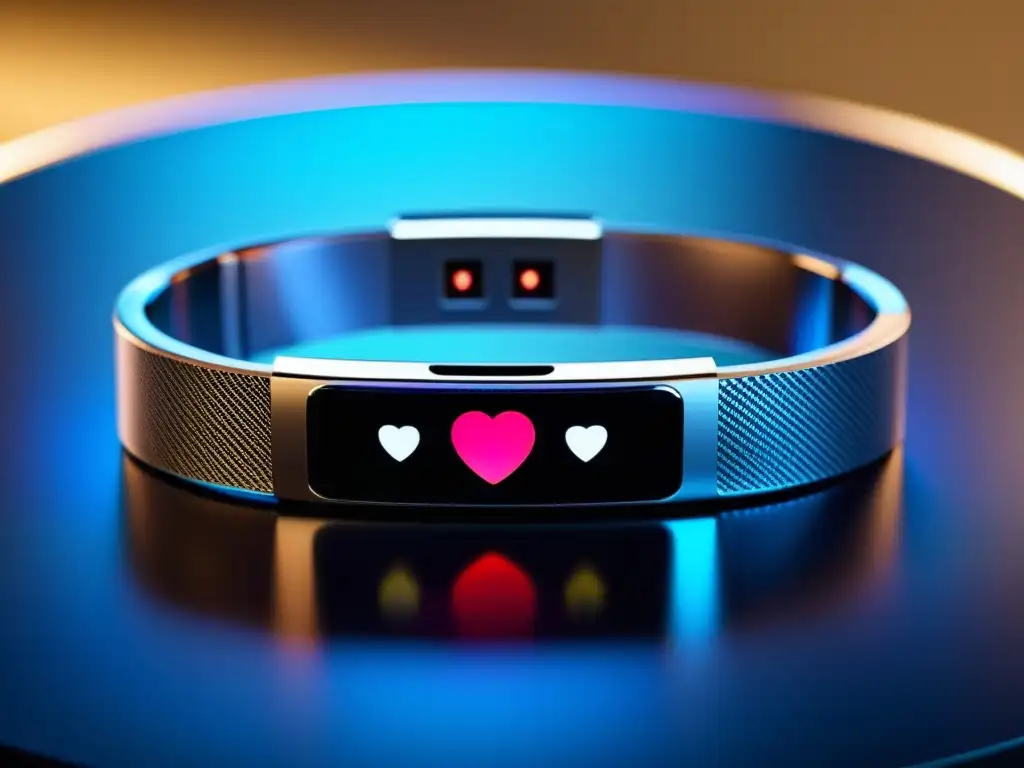 Una pulsera inteligente de alta tecnología muestra datos biométricos en una pantalla OLED vibrante, con un diseño moderno y elegante