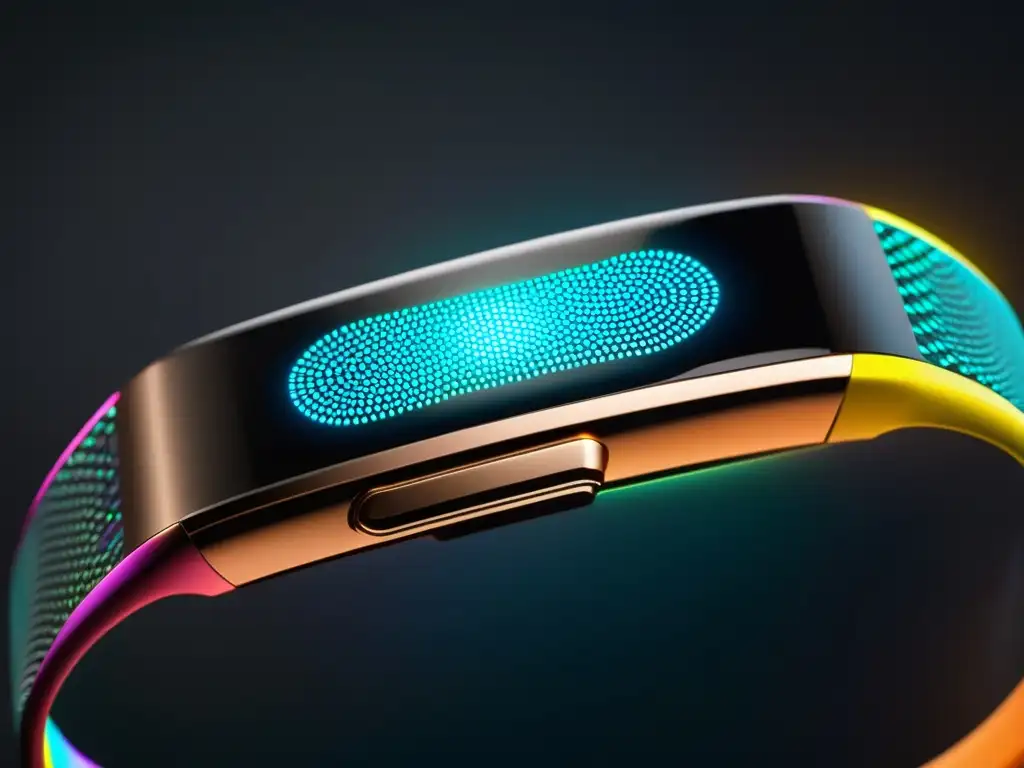 Una pulsera inteligente de diseño futurista con avanzados sensores biométricos, iluminada por LED en un fondo oscuro