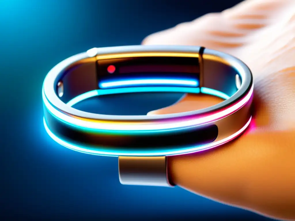 Una pulsera inteligente de diseño futurista con pantalla LED muestra datos biométricos detallados, promoviendo la salud del sistema inmunológico