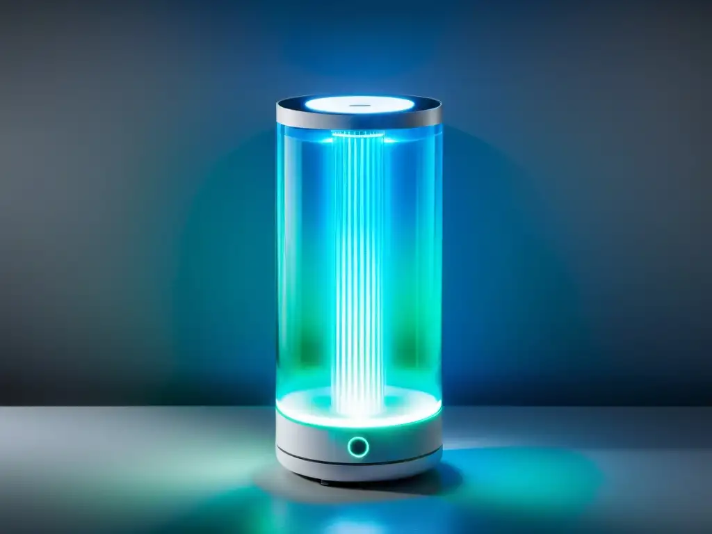 Un purificador de aire moderno con luces LED azules y verdes, tecnología avanzada y un diseño futurista