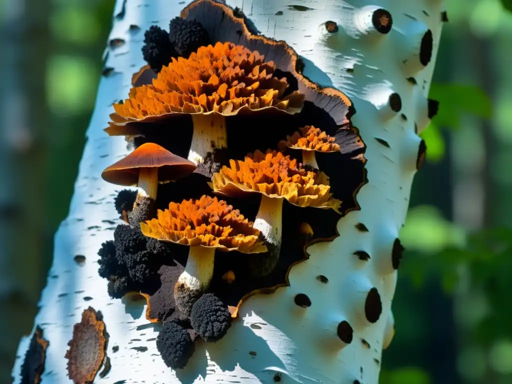 Un racimo de hongos Chaga en un árbol de abedul