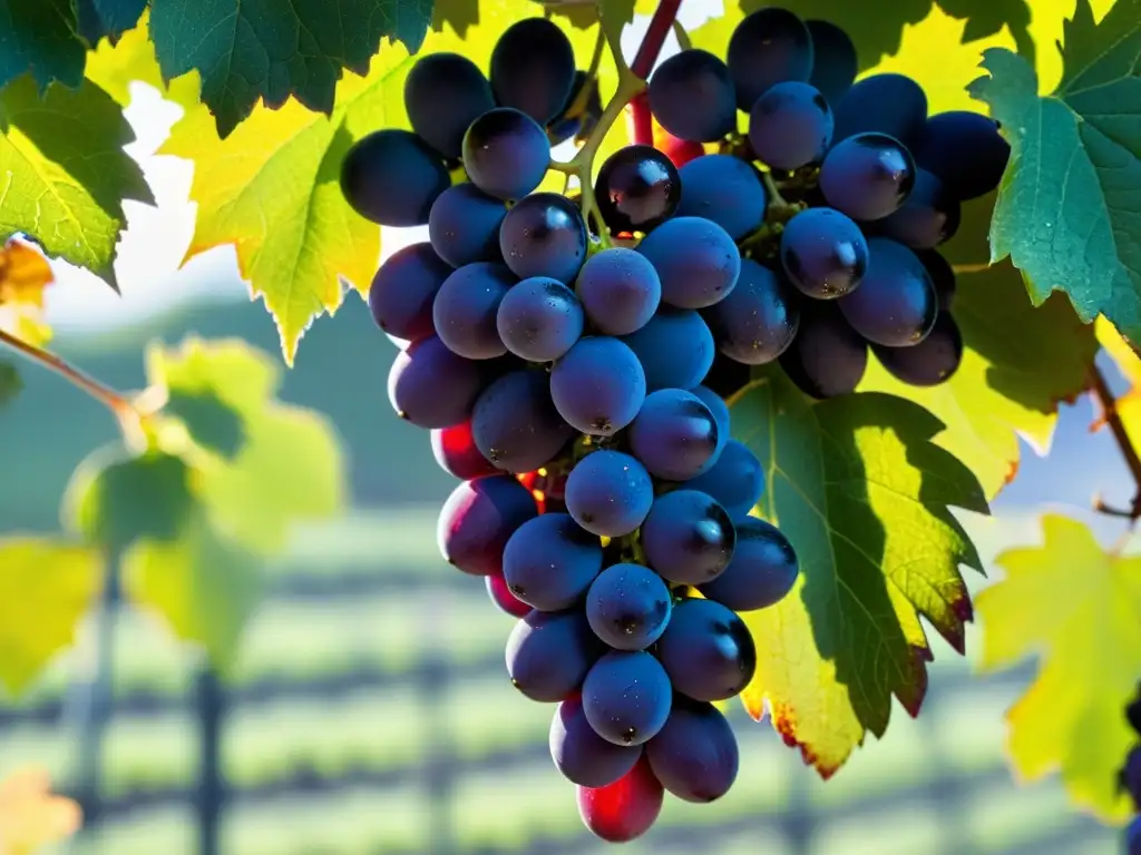 Un racimo de uvas moradas con gotas de rocío, bañado por la luz del sol