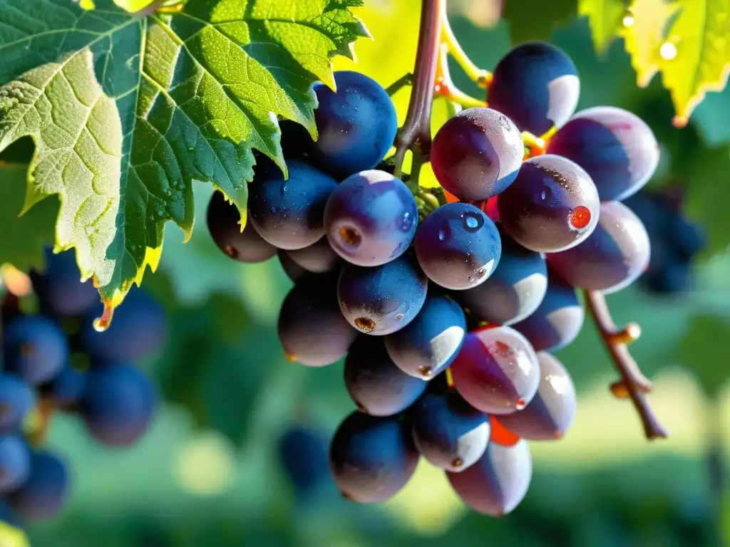 Racimo de uvas moradas con gotas de rocío, rodeadas de hojas verdes