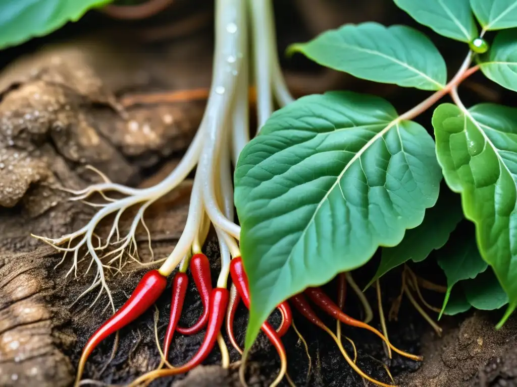 Raíces de ginseng rojo y blanco con hojas verdes exuberantes y gotas de rocío