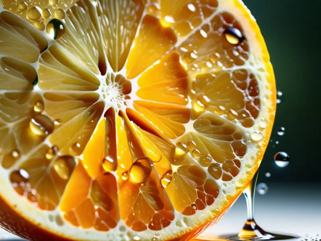 Rebanada de naranja exprimida con vitaminas y vitalidad, refuerzo sistema inmunológico