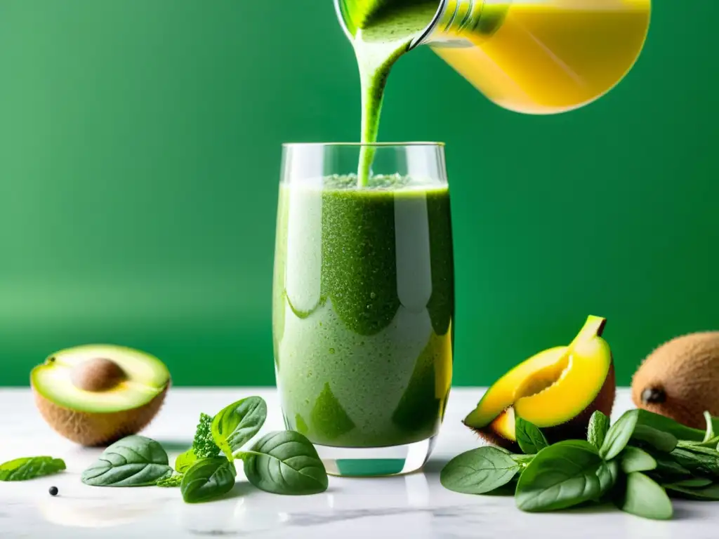 Un refrescante batido verde con chia y kiwi, sobre mármol blanco iluminado, evocando vitalidad y limpieza corporal sistema inmunológico