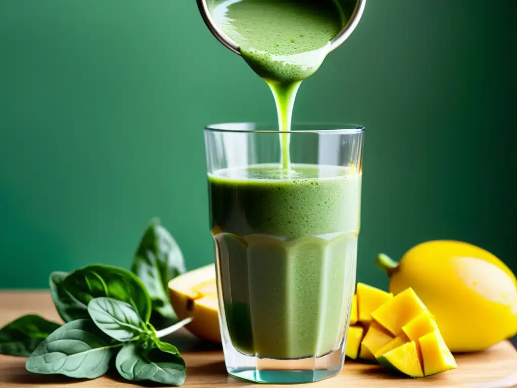 Un refrescante smoothie verde con kale, espinaca, jengibre y mango, aportando potencial limpieza al sistema inmunológico