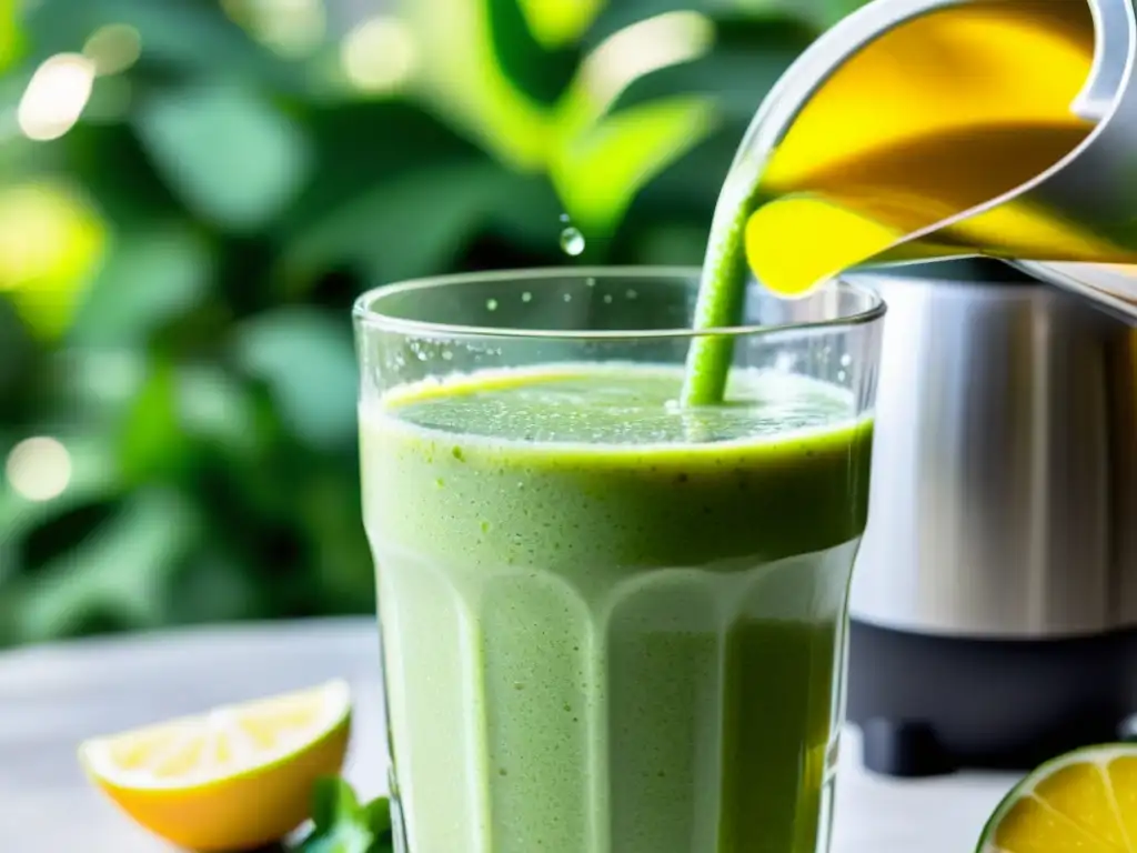 Un refrescante smoothie verde se vierte en un vaso, destacando su frescura y vitalidad