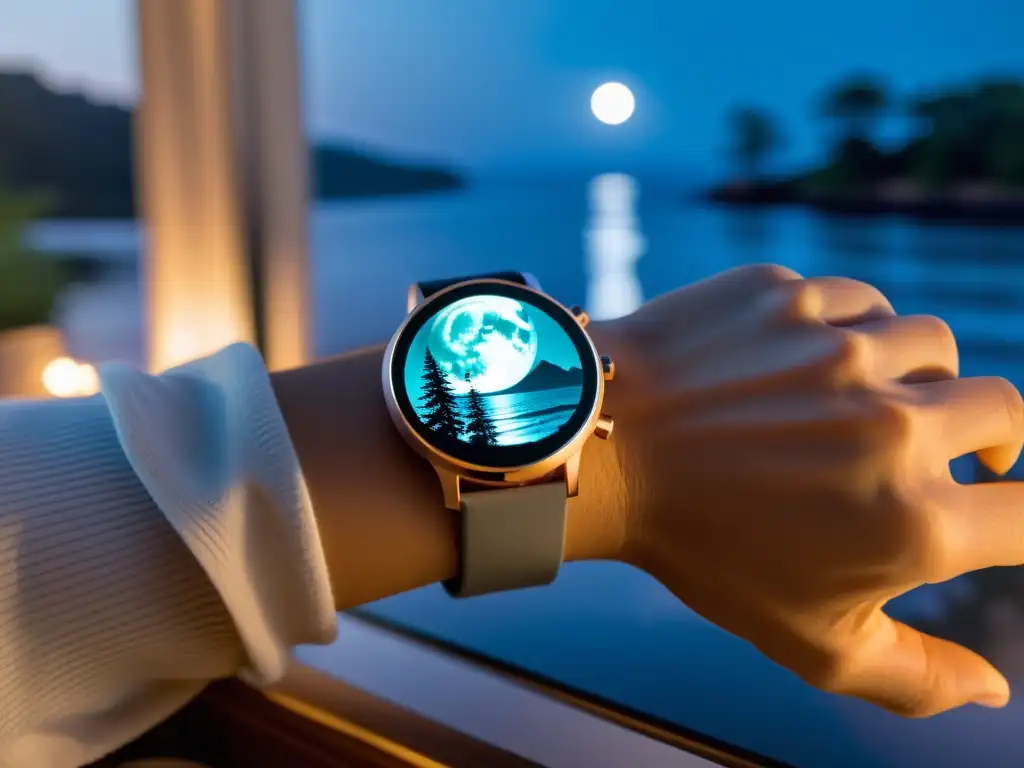 Un reloj inteligente moderno con pantalla de bosque lunar, promoviendo dispositivos wearables para mejorar el sistema inmunológico