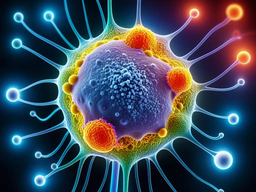 Una representación detallada de una célula inmune humana en estado de alta actividad, rodeada de moléculas de hormonas del estrés